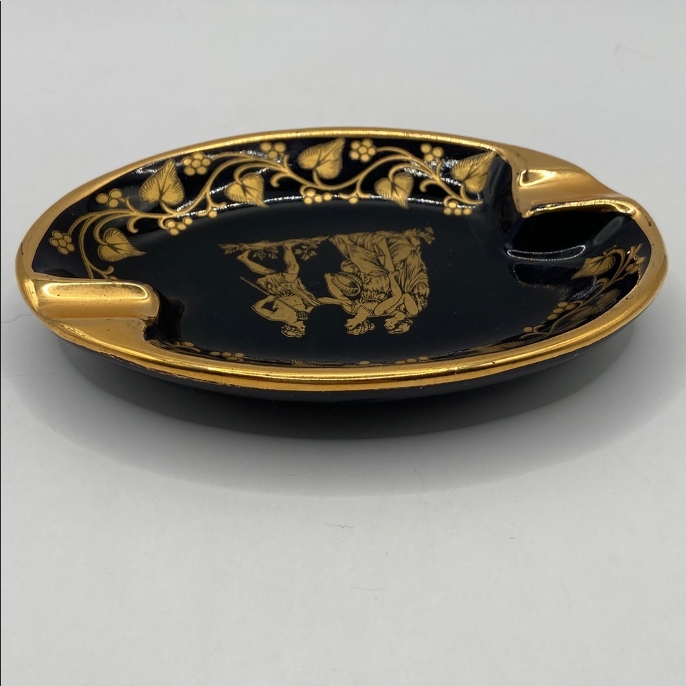 Vintage Handmade In Greece Neofitou Keramik Gloss Black Ashtray 24K Gold Trim - Picture 3 of 6